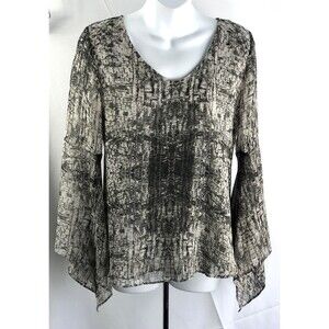 Vintage flowy Top M Gray Geo ScoopNeck Flare Sleeve Whimsigoth Fairy Boho Grunge